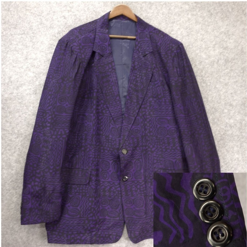 Vintage Dormeuil Sport Coat Men 46 Long Blue Silky Tribal Patchwork Summer Light